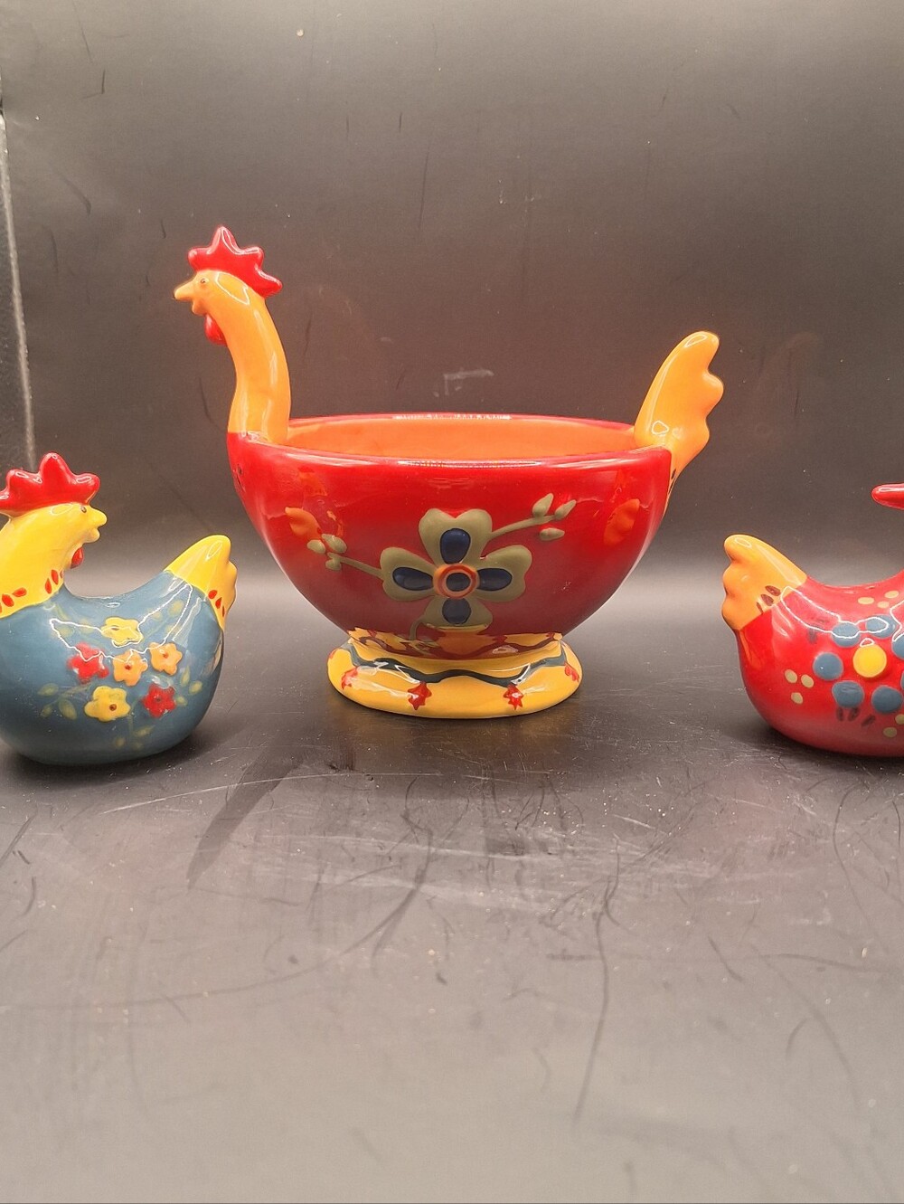 The Homestudio Baja Collection Large Rooster Figural Serving Bowl and salt & pep